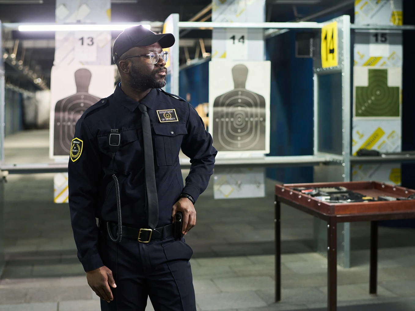 Security officer standing in shooting range.